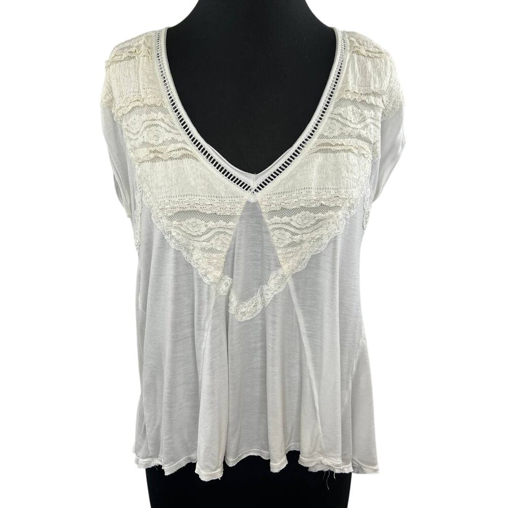 Free People Ivory Abigail Oversized Lace V-Neck Hi-Low Cap Sleeve Top Blouse XS